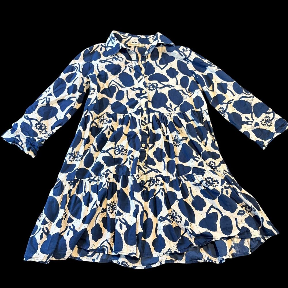 Dress Addict Extra Small XS Blue White Tiered Cotton Button Front Shirt Dress